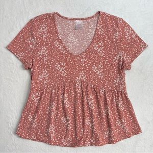 No Boundaries Juniors V-Neck Babydoll Top Peach Floral  Size L